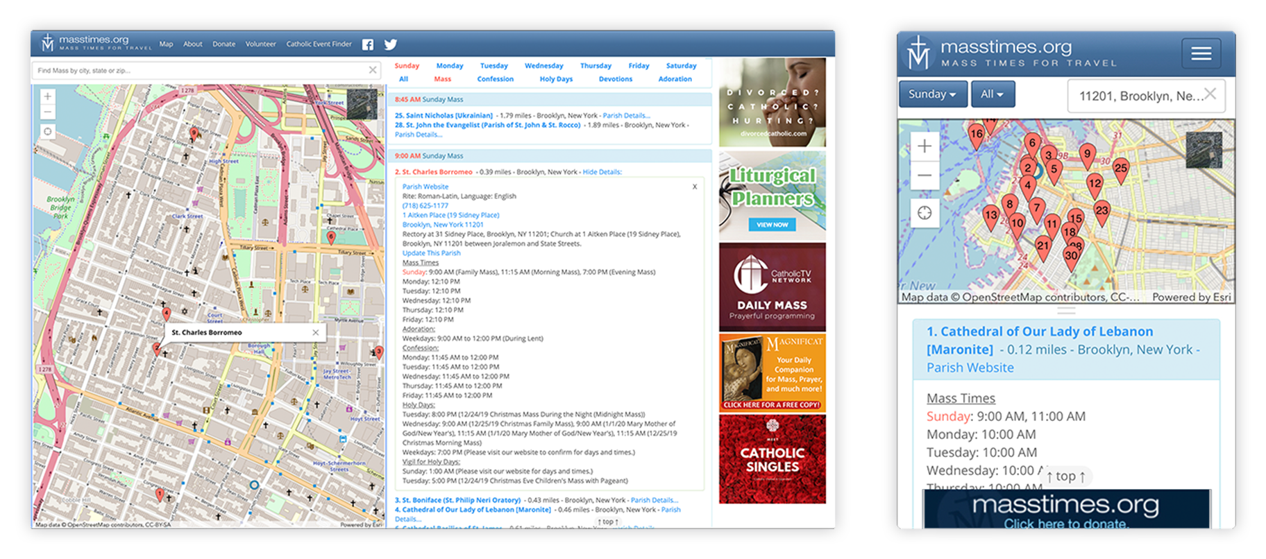 Screenshots of original Mass Times sites