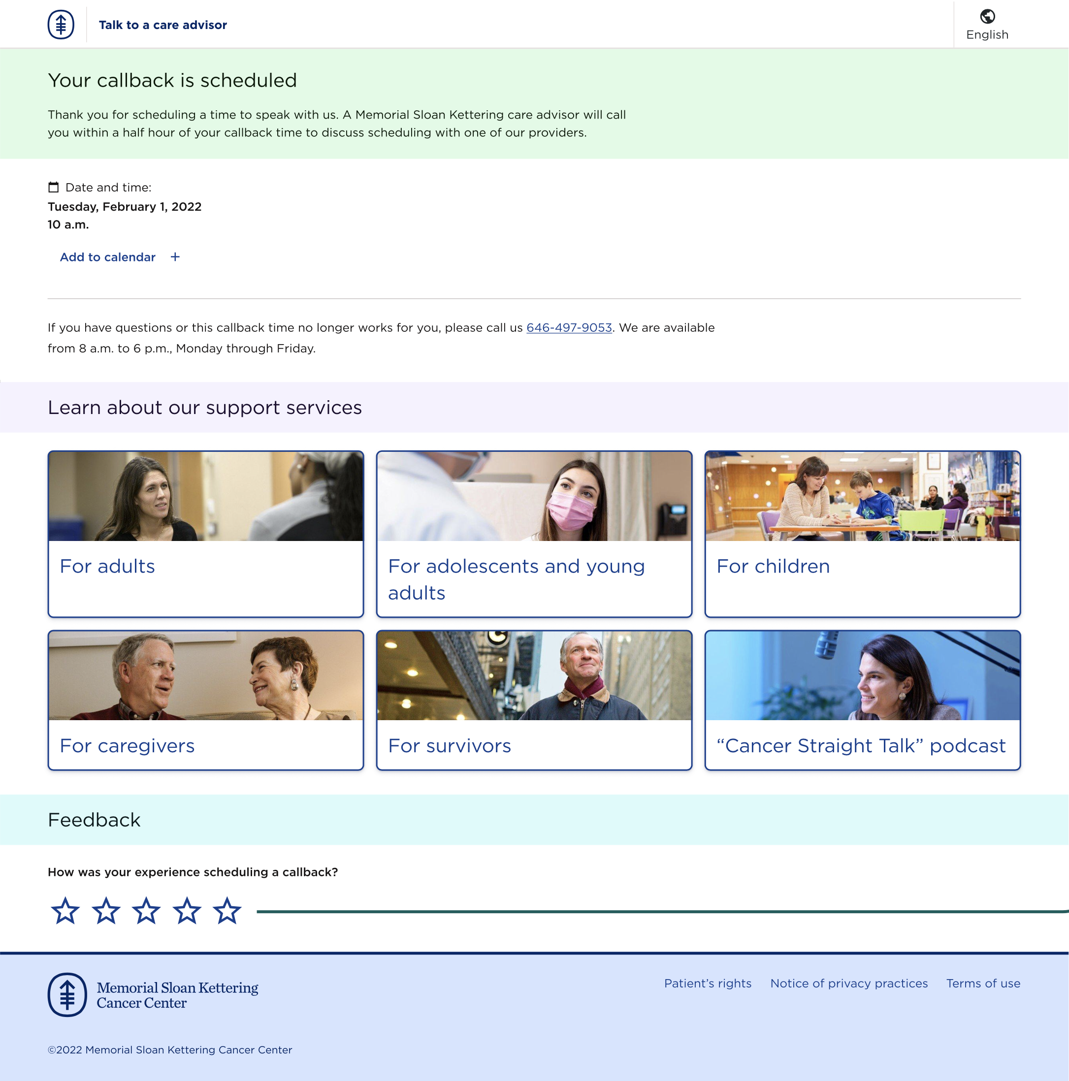 Confirmation screen with resources section