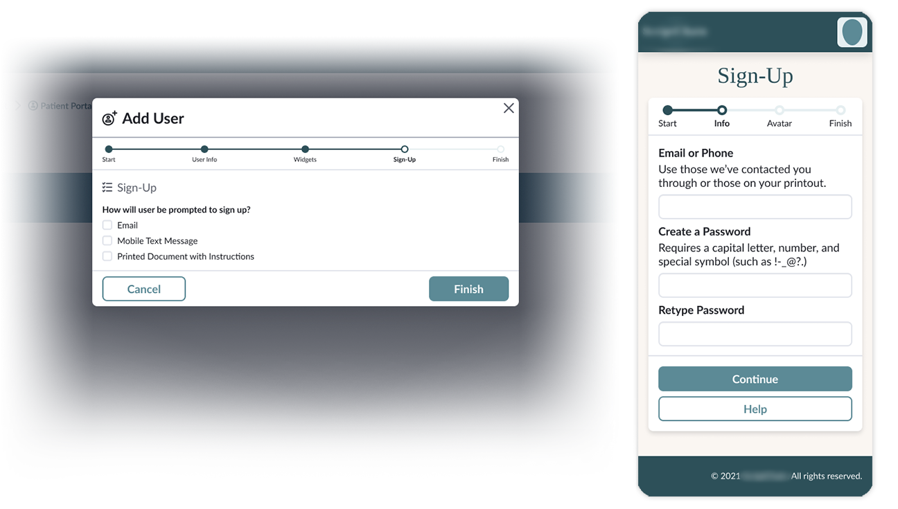 Add user modal and mobile sign-up screen