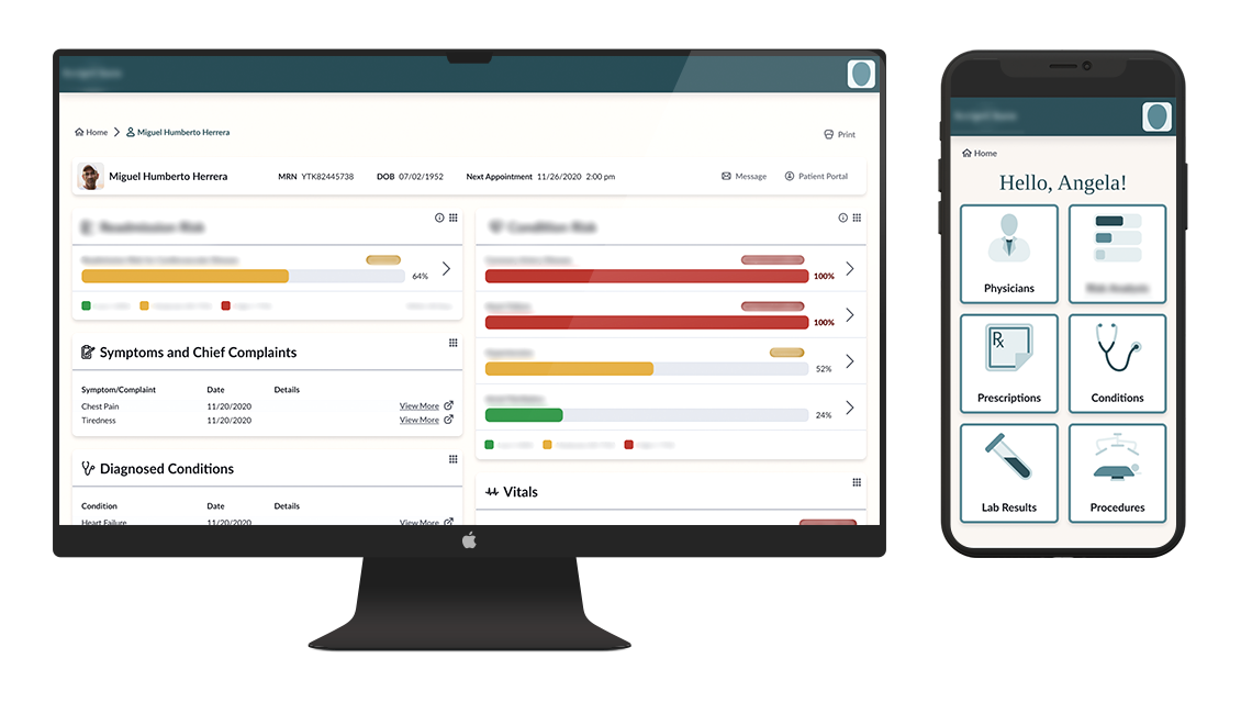 Provider and patient portal mockups on desktop and mobile